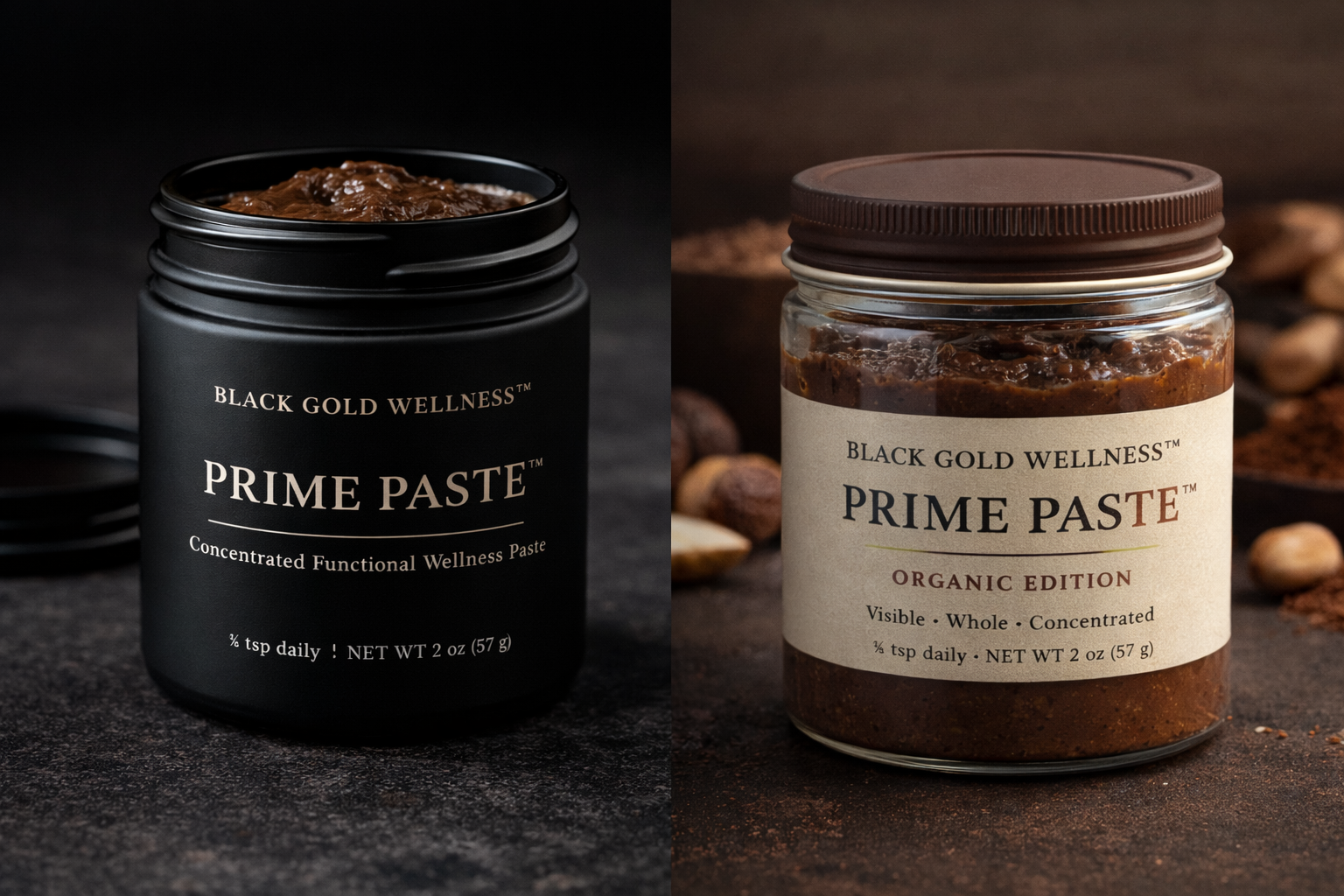 Premium matte black and Organic clear jar editions of Prime Paste